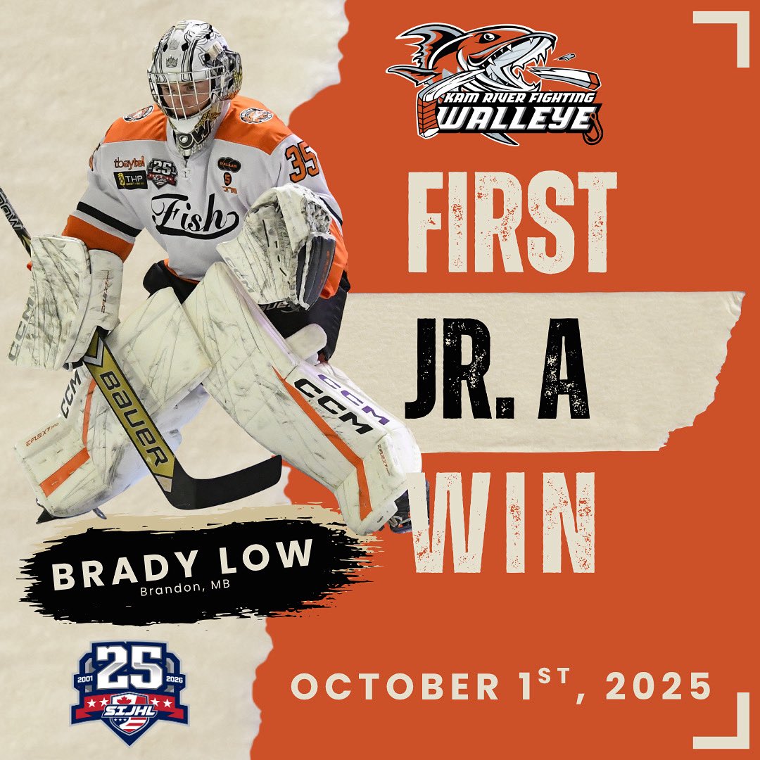 KamRiverWalleye's tweet photo. 🎉 Congratulations to our own Brady Low on his first Junior A victory last night!
The Brandon, Manitoba native stopped 25 shots en-route to picking up the 3-2 comeback win!
#FirstW #FearTheFish https://t.co/bOHn3qgfZl