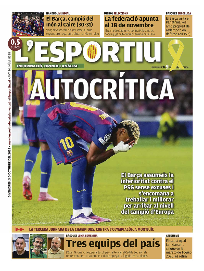 AUTOCRÍTICA, a la portada de <a href="/lesportiuCAT/">L'Esportiu de Catalunya</a>
<a href="/FCBarcelona_cat/">FC Barcelona</a>  <a href="/ChampionsLeague/">UEFA Champions League</a> <a href="/FCBbasket/">Barça Basket</a>  <a href="/FCBhandbol/">Barça Handbol</a> <a href="/FCF_CAT/">Federació Catalana de Futbol</a>
