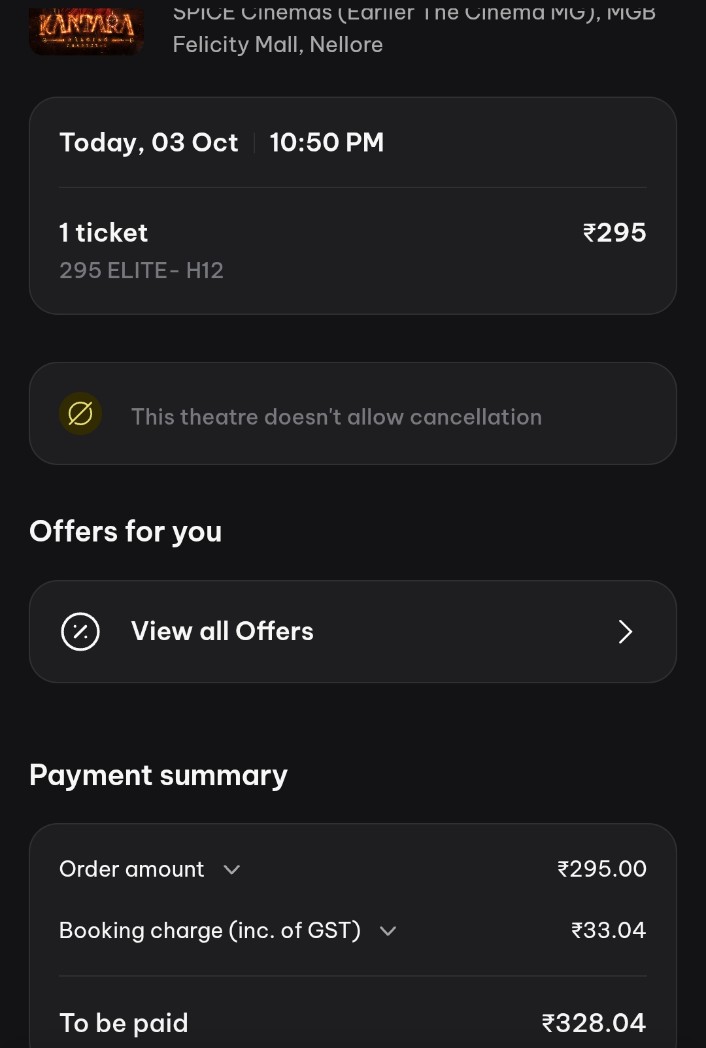 manojkumar4466's tweet photo. Generally the ticket cost is Rs 177 but now Rs 295. Why is the Rs118 hike, Rs 50 - 70 hike isn't enough and also why hikes for dubbed films. There is no logic to put hike prices here. This isn't correct at all, literally you guys are looting the audience money. 
#KantaraChapter1 https://t.co/U2rgJbbm3W