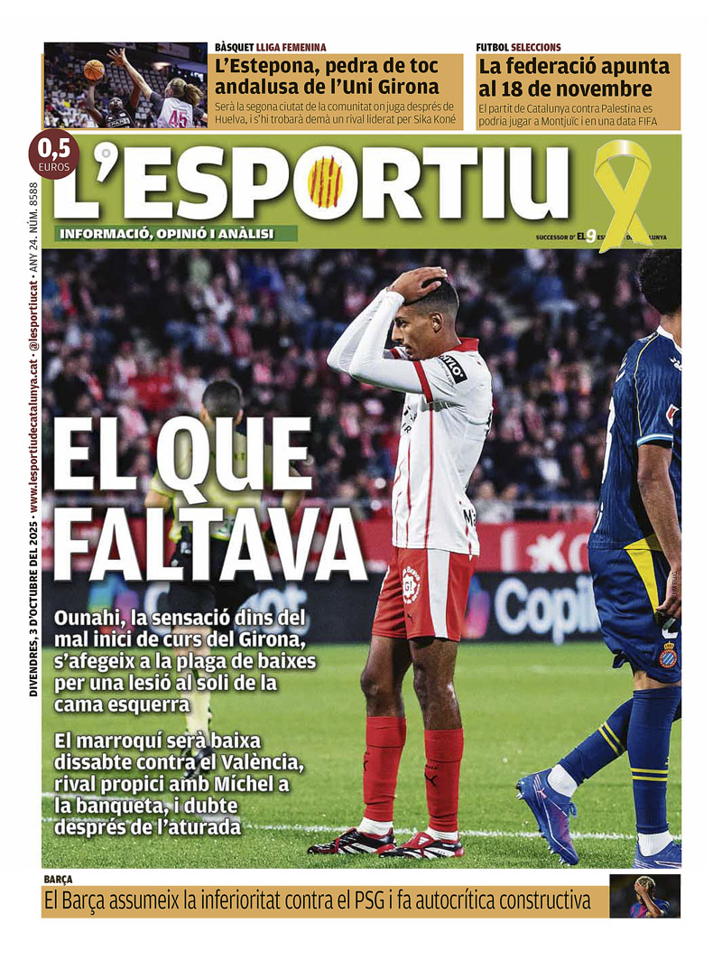 EL QUE FALTAVA, a la portada de <a href="/lesportiuGIR/">L'Esportiu - Girona</a>
<a href="/GironaFC/">Girona FC</a> <a href="/unigirona/">Spar Girona</a> <a href="/FCBarcelona_cat/">FC Barcelona</a>
<a href="/FCF_CAT/">Federació Catalana de Futbol</a>