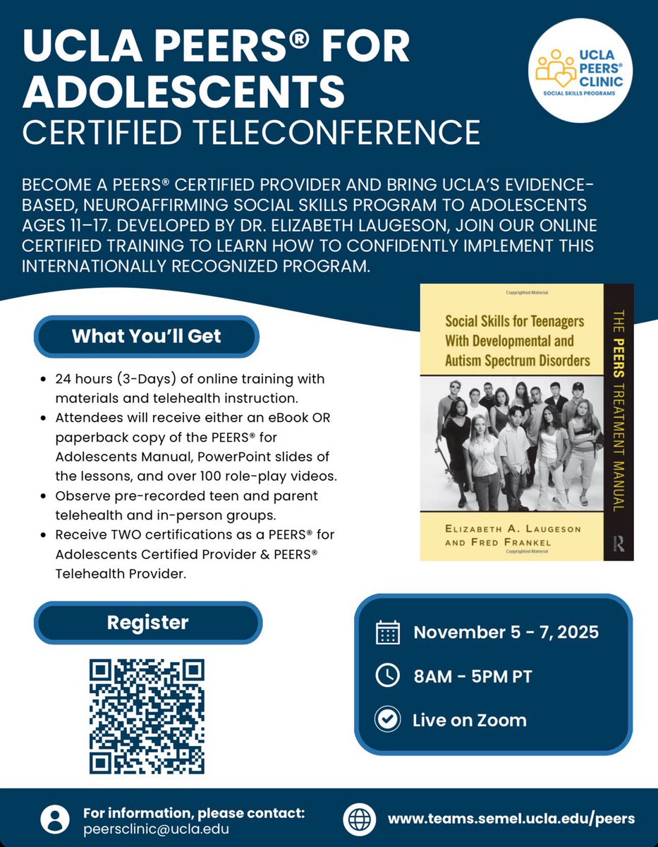 Registration is Still Open! The UCLA PEERS Clinic will be hosting a PEERS® for Young Adults Certified Teleconference via Zoom on November 5 - 7, 2025 from 8 am - 5 pm (PT)!

For more information or to sign up, contact our clinic at peersclinic@ucla.edu or 310-267-3377.