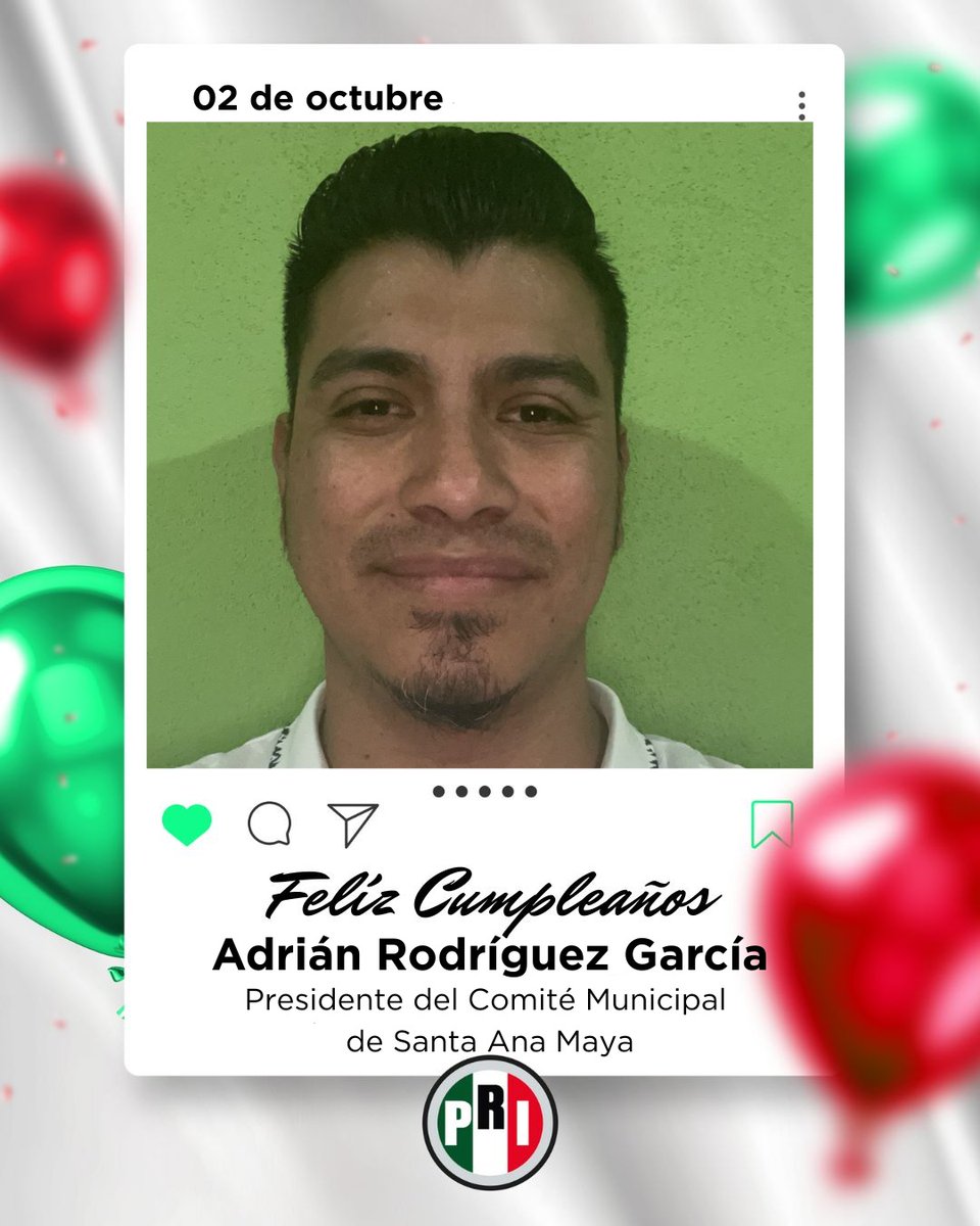 Deseamos un gran día con motivo de su cumpleaños a nuestro presidente del Comité Municipal de #SantaAnaMaya, Adrián Rodríguez García.

¡Muchas felicidades! 🎉🎁🍰