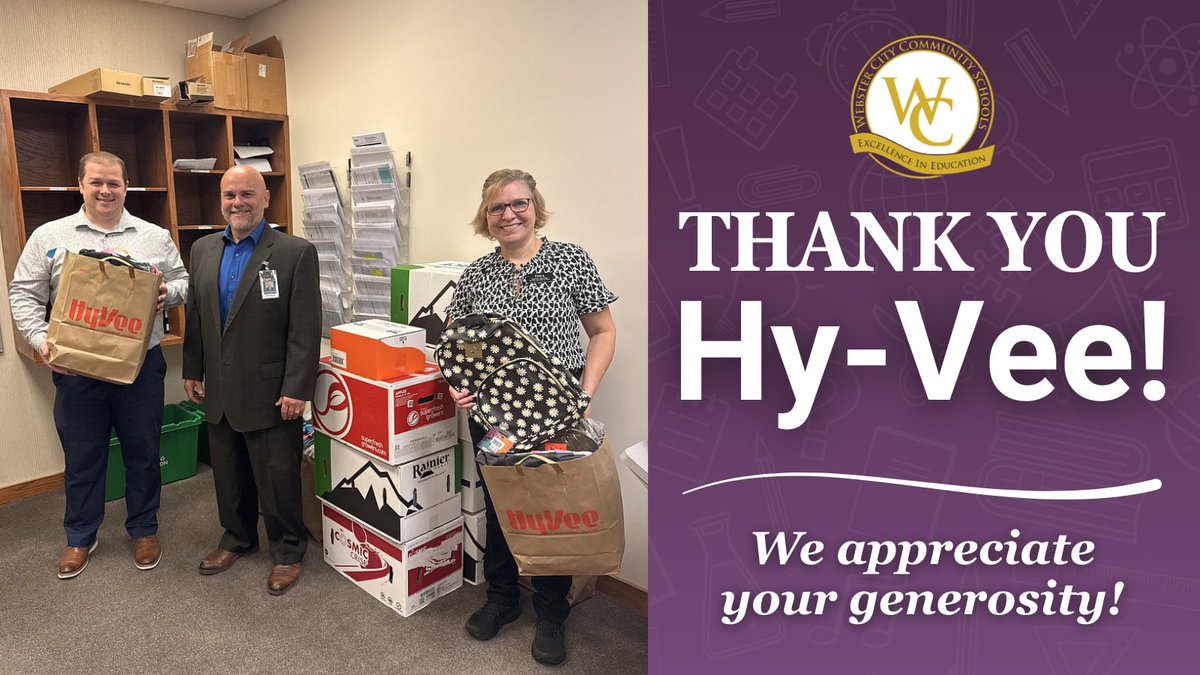 A big THANK YOU goes out to Hy-Vee for supporting our students with a generous donation of school supplies! 📚🎒 

Community matters, and this is just one more example of what that looks like at Webster City CSD!