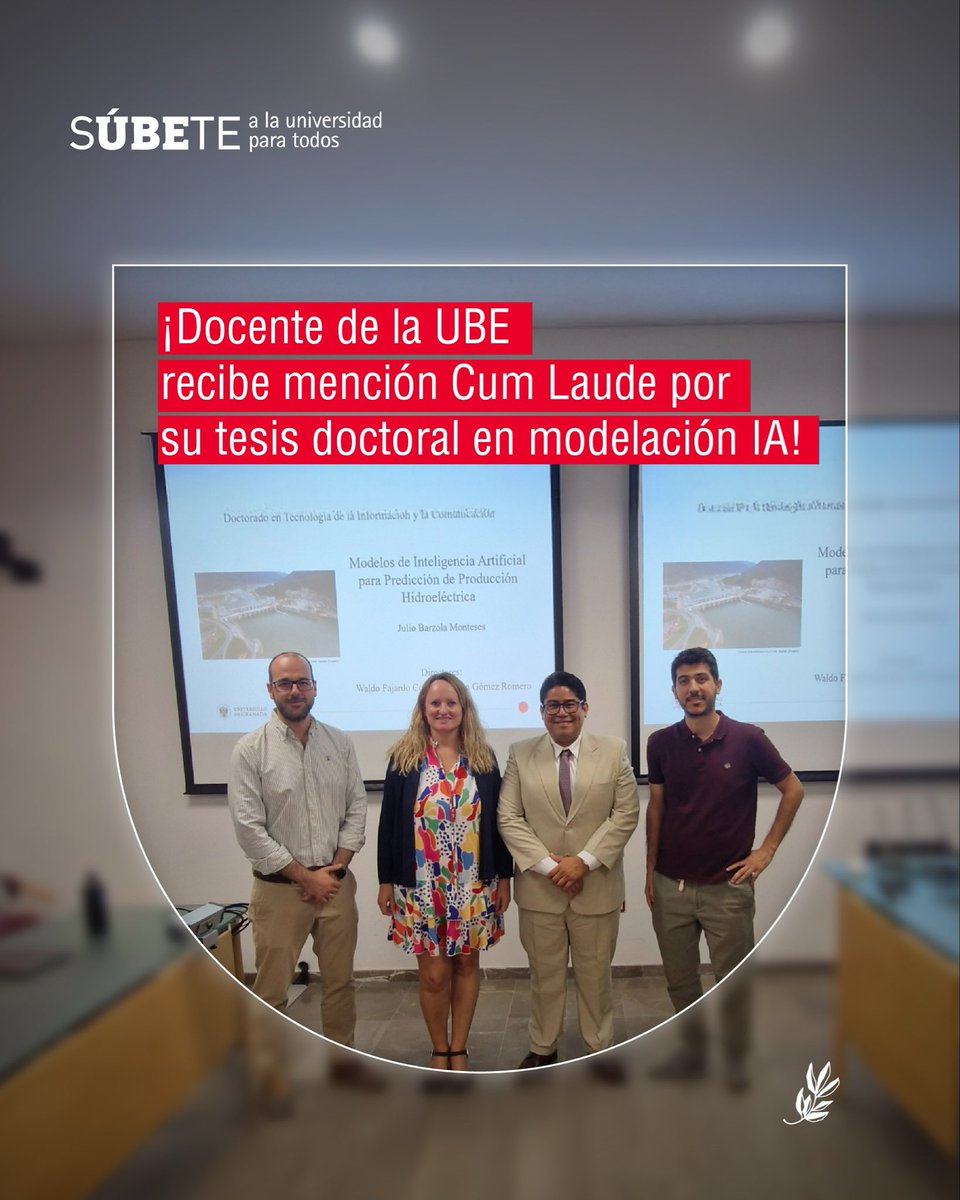 UbeEcuador's tweet photo. #TeamUBE | 🎓🌟 Tesis doctoral de profesor de la UBE es reconocida con la máxima calificación y distinción Cum Laude
El Ph.D. Julio Barzola Monteses, miembro del claustro de profesores de nuestra institución, defendió con éxito su tesis doctoral titulada “Modelos de Inteligencia Artificial para la Predicción de Producción Hidroeléctrica”, obteniendo la calificación máxima Sobresaliente con distinción Cum Laude en la Universidad de Granada 🇪🇸, la cual según el ranking Shanghai es top 100 a nivel mundial en Ciencias de la Computación e Ingenierías.
Su investigación fue desarrollada en modalidad de compendio de artículos científicos cuyos resultados fueron publicados en revistas de alto impacto en la Web of Science Q1–Q2, con aplicación directa a los pronósticos hidroeléctricos en Ecuador modelados con IA ⚙️🔬.
En la UBE nos sentimos orgullosos de contar con docentes que aportan a la excelencia académica y científica, fortaleciendo el desarrollo de la investigación desde nuestras aulas 🚀📚.