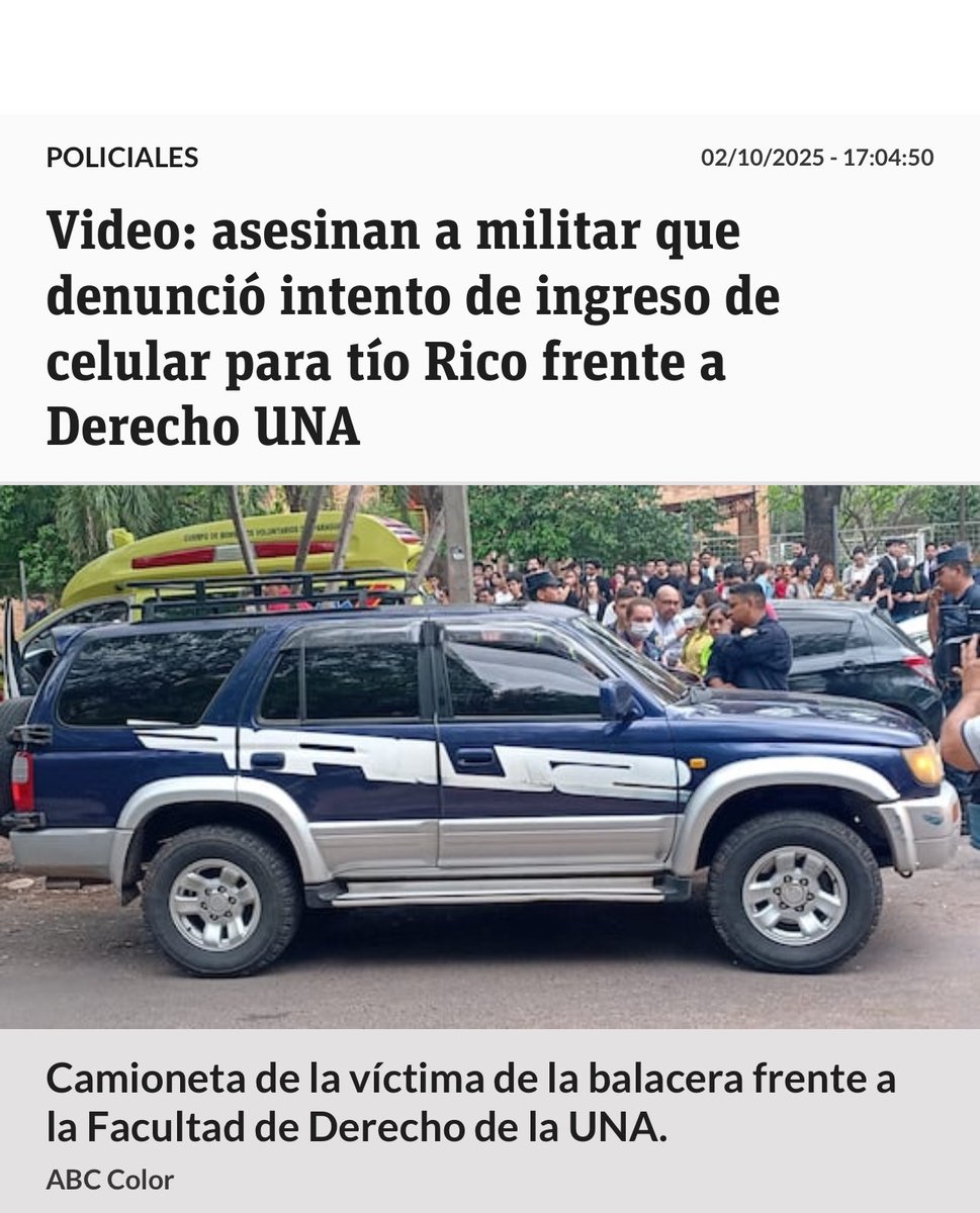 DaniCenturionpy's tweet image. Un Oficial Militar es asesinado por sicarios cuando llegaba a la Facultad de Derecho. El Estado debe reaccionar de manera rápida y efectiva para identificar a los responsables materiales e intelectuales de este terrible hecho.
Es inaceptable pensar que el crimen organizado sea…