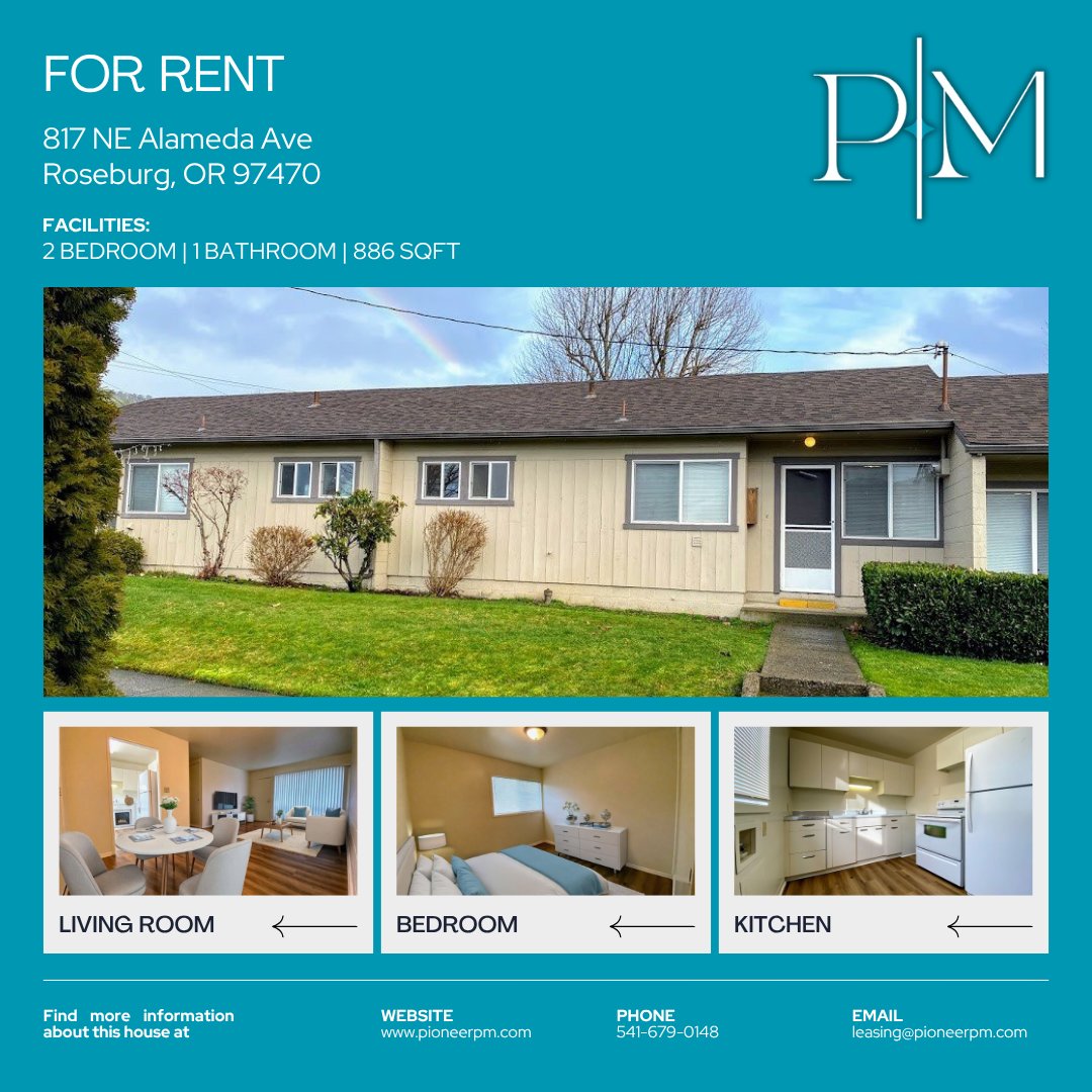 🏡 For Rent in Roseburg!
Cozy 2BR, 1BA apartment with 866 sq ft, natural light, and ample storage. Close to dining &amp; shopping in a peaceful neighborhood.

👉 pioneerpm.com/_system/listin…

#RoseburgRentals #ForRent #PioneerManagement
