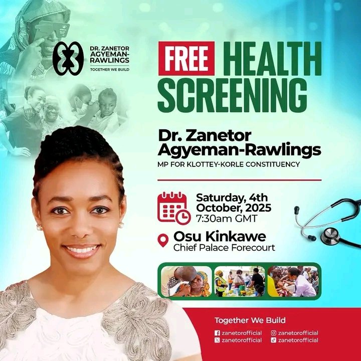 hon_rawlings's tweet photo. Join me this Saturday, 4th October 2025, for a FREE Health Screening at the Osu Chief’s Palace, Kinkawe.

⏰ Time: 7:30 AM sharp
📍 Location: Osu, Kinkawe – Chief’s Palace

Let’s build a healthier community, together! https://t.co/hYwsrxz7tv