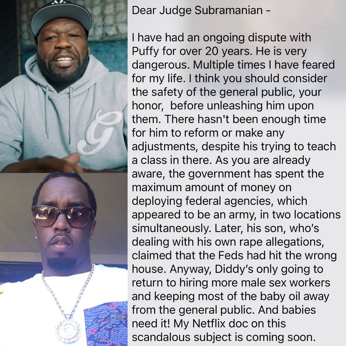 nojumper's tweet image. 50 Cent writes letter to judge on Diddyโs case saying heโs feared for his life during their 20-year feud ๐