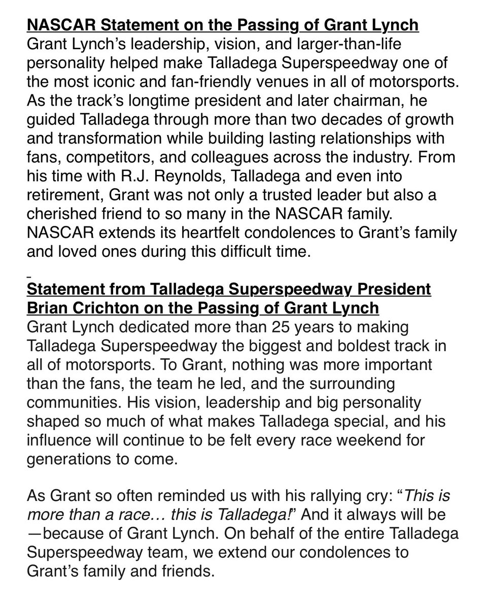 NASCAR and Talladega statements on the death of former Talladega president and NASCAR executive Grant Lynch. RIP.