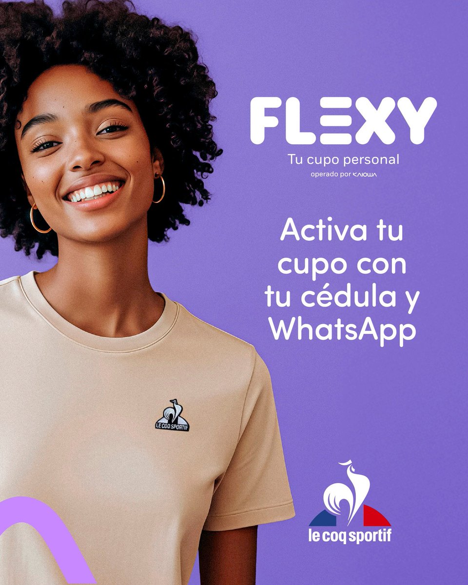 Con Flexy solo necesitas tu cédula y WhatsApp, visita las tiendas y distruta de tu cupo exclusivo en le coq sportif ¿Qué esperas?