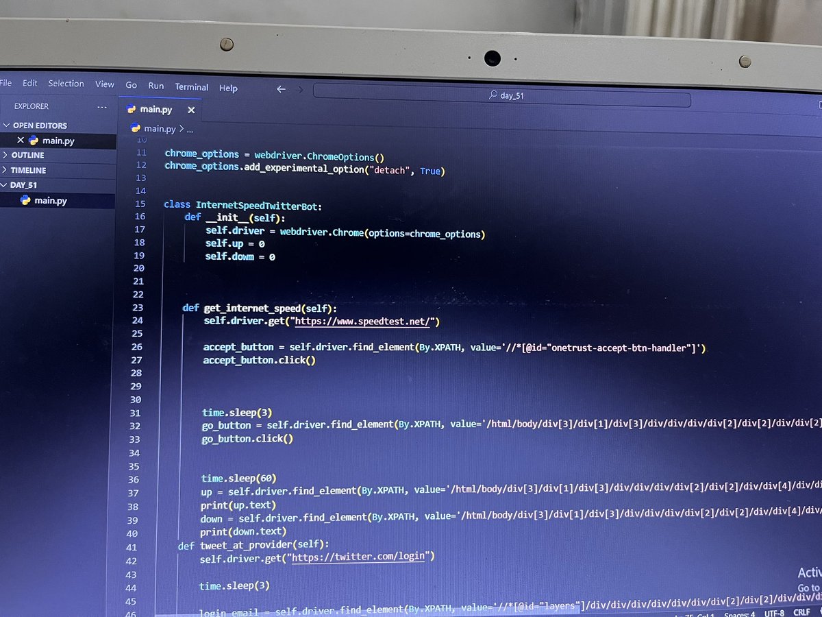 davebraheem's tweet photo. Day 23
I built a Complaining Twitter Bot using Python, Selenium, https://t.co/kNDcriwYKO, and Twitter.
Here’s how it works
Runs an internet speed test on https://t.co/kNDcriwYKO
Checks if the results match my expected speed
#100DaysOfCode #Python #Automation #Selenium #BotCamp https://t.co/00Bb7oQUKy
