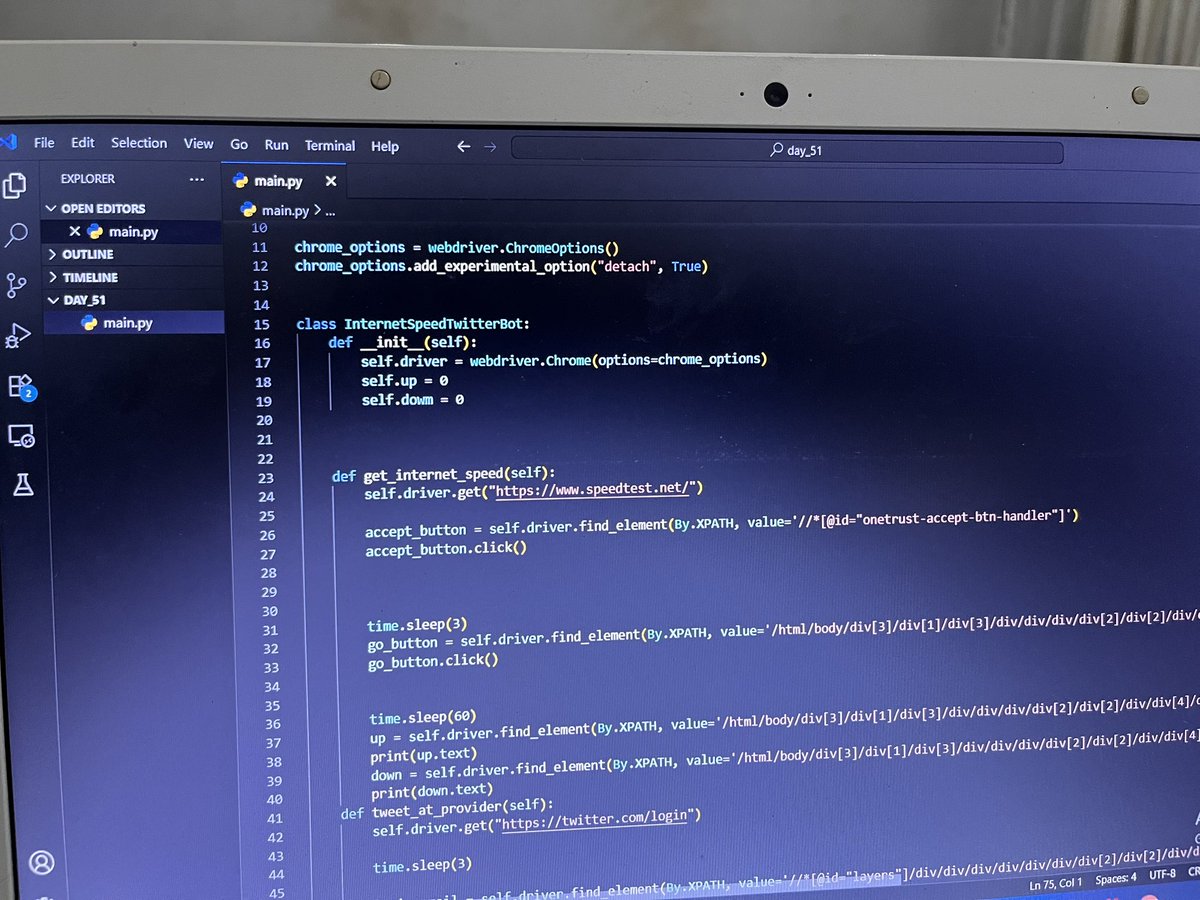 davebraheem's tweet photo. Day 23
I built a Complaining Twitter Bot using Python, Selenium, https://t.co/kNDcriwYKO, and Twitter.
Here’s how it works
Runs an internet speed test on https://t.co/kNDcriwYKO
Checks if the results match my expected speed
#100DaysOfCode #Python #Automation #Selenium #BotCamp https://t.co/00Bb7oQUKy