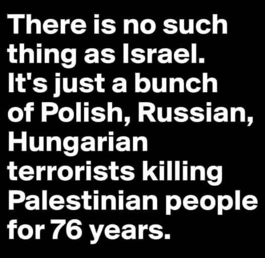 Black background with white text stating "There is no such thing as Israel. It\'s just a bunch of Polish, Russian, Hungarian terrorists killing Palestinian people for 76 years."