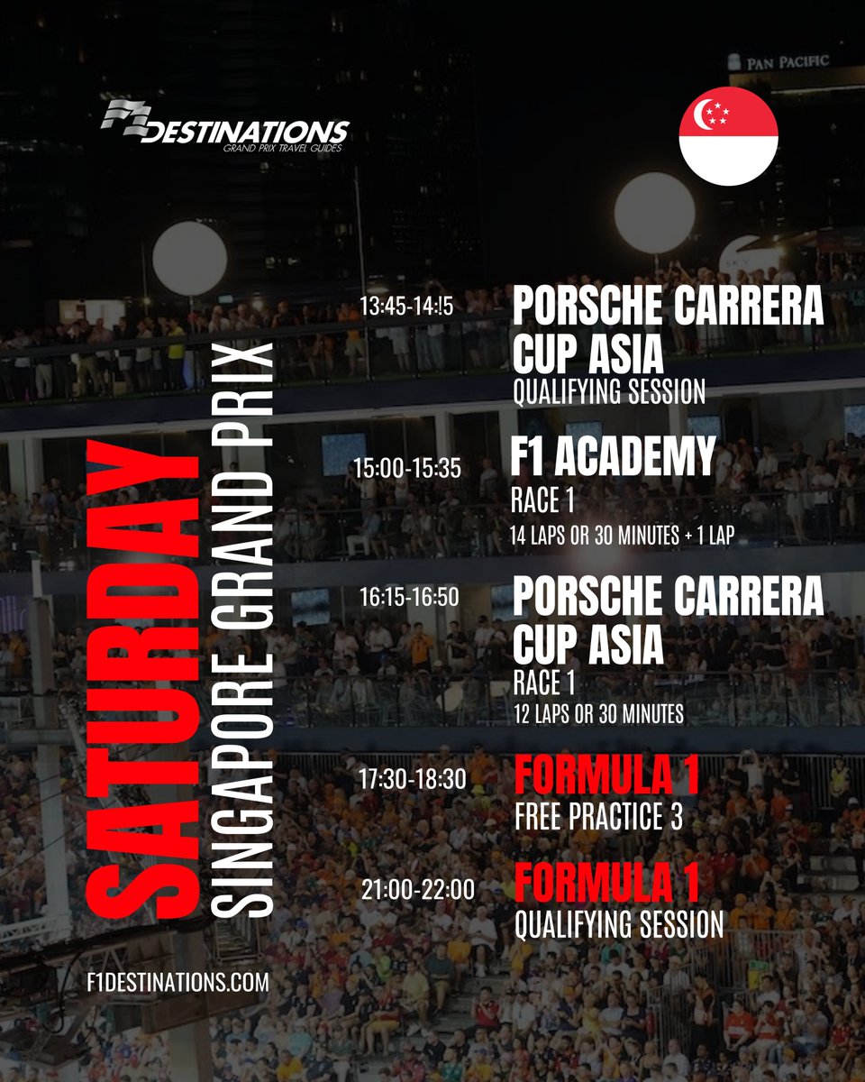 F1destinations's tweet image. Qualifying under the lights - here&apos;s the Saturday schedule for the #SingaporeGP! #F1
