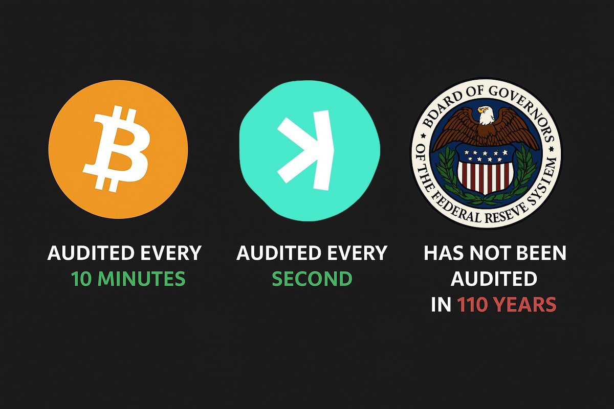 Bitcoin is audited every 10 minutes. 
Kaspa is audited every second.
The Federal Reserve is never audited.