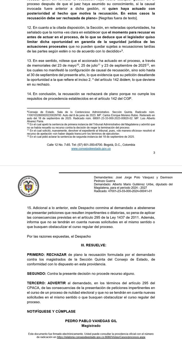 Un fallo 2x1 para que no estén #ChiflandoIguana con la justicia.

Sale Alberto Gutiérrez y entra César Pacheco Aarón a la <a href="/AsambleaMagdale/">Asamblea del Departamento del Magdalena</a> después de que el <a href="/consejodeestado/">Consejo de Estado</a> resolvió ACLARACIÓN Y RECUSACIÓN el mismo día.

Este período ordinario, último del MACRO CASO SUMMA CUM