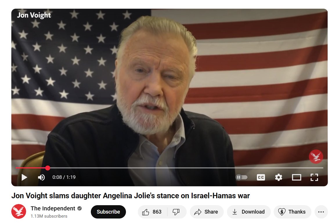 - یک سال پیش: اعلام انزجار پدر آنجلینا جولی از دختر فلسطین مالش. 
- جالب اینجاست که نرگس کپل و ایشون چطور همدیگه رو پیدا کردند. انوقت میگن نرگس پروژه جمهوری اسلامی نیست.
youtube.com/watch?v=zhYGZD…