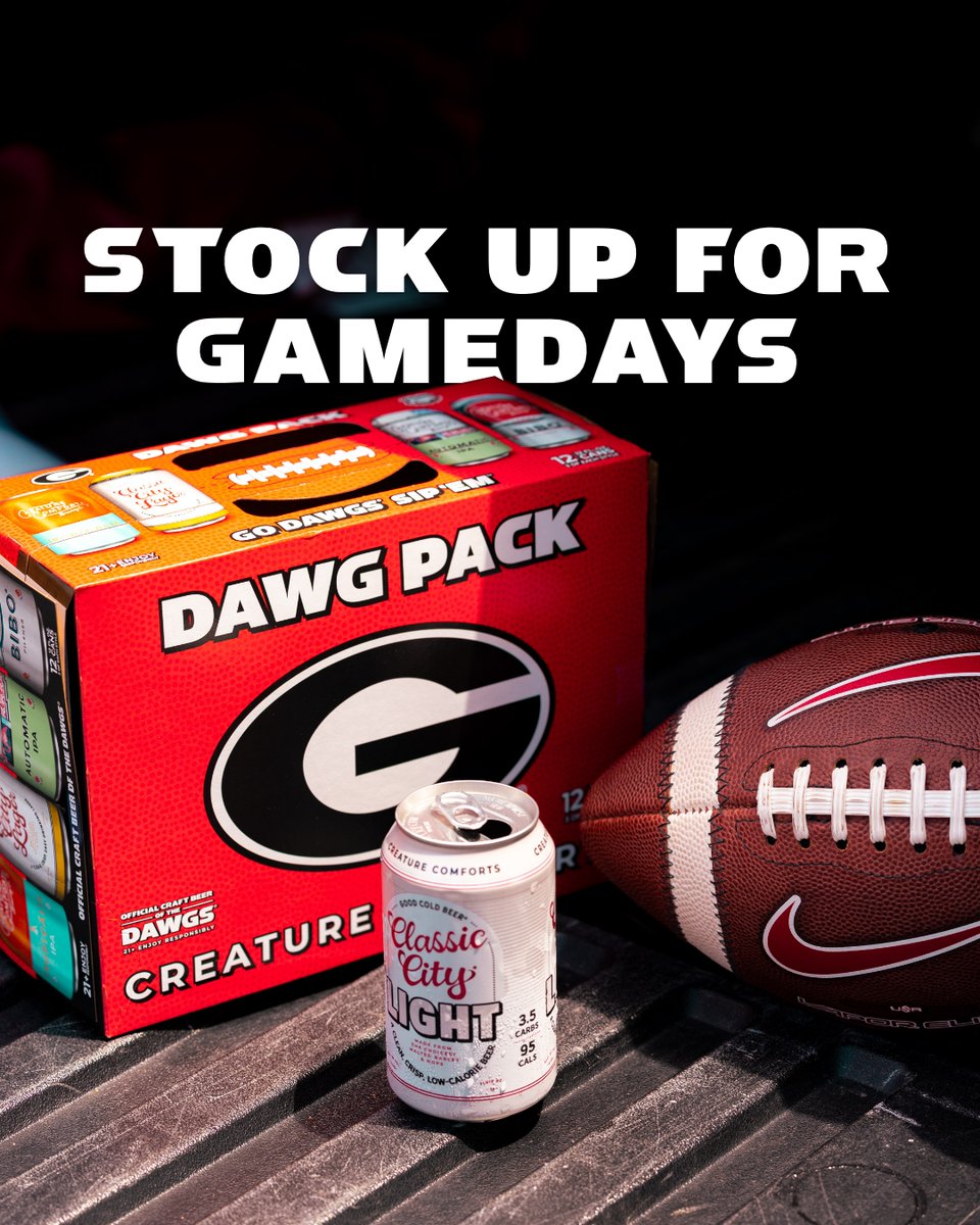 creaturebeer's tweet photo. Your Hail Mary for last minute gameday prep. ​

Get your game face on with Good Light Beer and fan favorites in the Dawg Pack. Stock up with 10% off cases to-go on Fridays at both Athens and LA taprooms.​​

#goodcoldbeer #creaturecomforts #creaturebeer #godawgs #sipem https://t.co/pnnk22lx0p