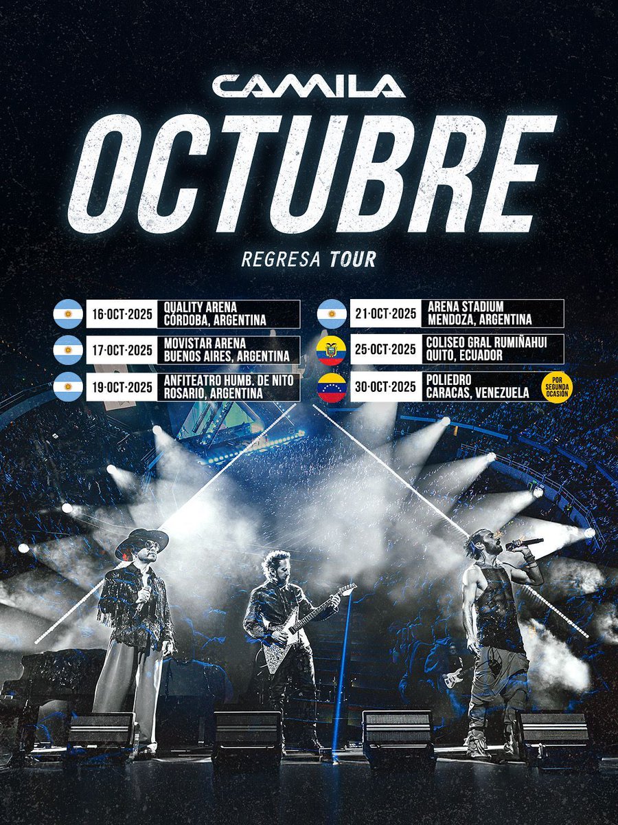 ¡Octubre será un mes inolvidable! 🤘🔥
Argentina, Ecuador y Venezuela… seis ciudades, seis noches, y la misma emoción de cantar juntos. ❤️‍🔥

📍 16 de Octubre – Córdoba | Quality Arena
📍 17 de Octubre – Buenos Aires | Movistar Arena
📍 19 de Octubre – Rosario | Anfiteatro