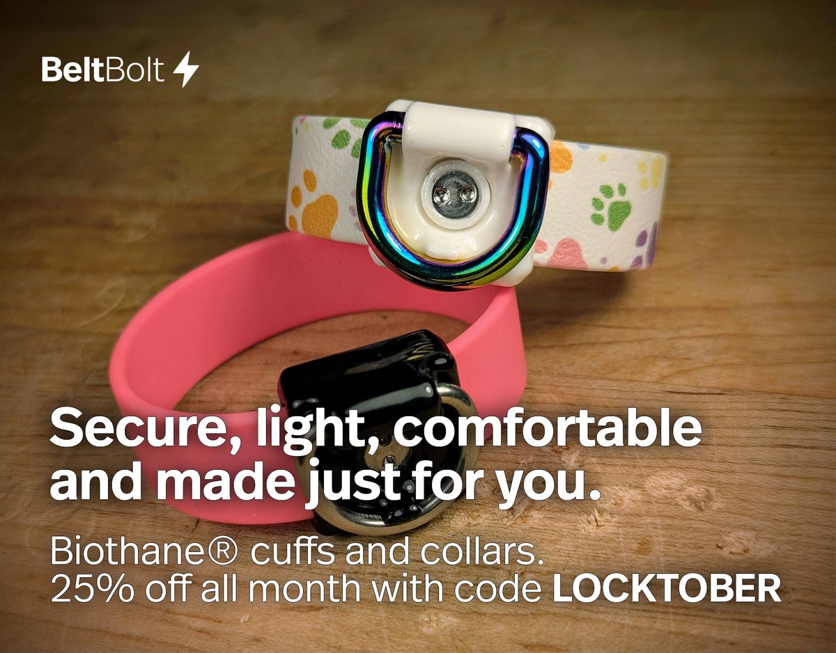 BeltBoltUK's tweet image. We&apos;ve completely redesigned our cuffs and collars from scratch, integrating beautiful D-rings right into the locks. Available in dozens of colours, light and comfortable, and made by hand just for you.

25% off everything this month with code LOCKTOBER! beltbolt.co.uk/shop