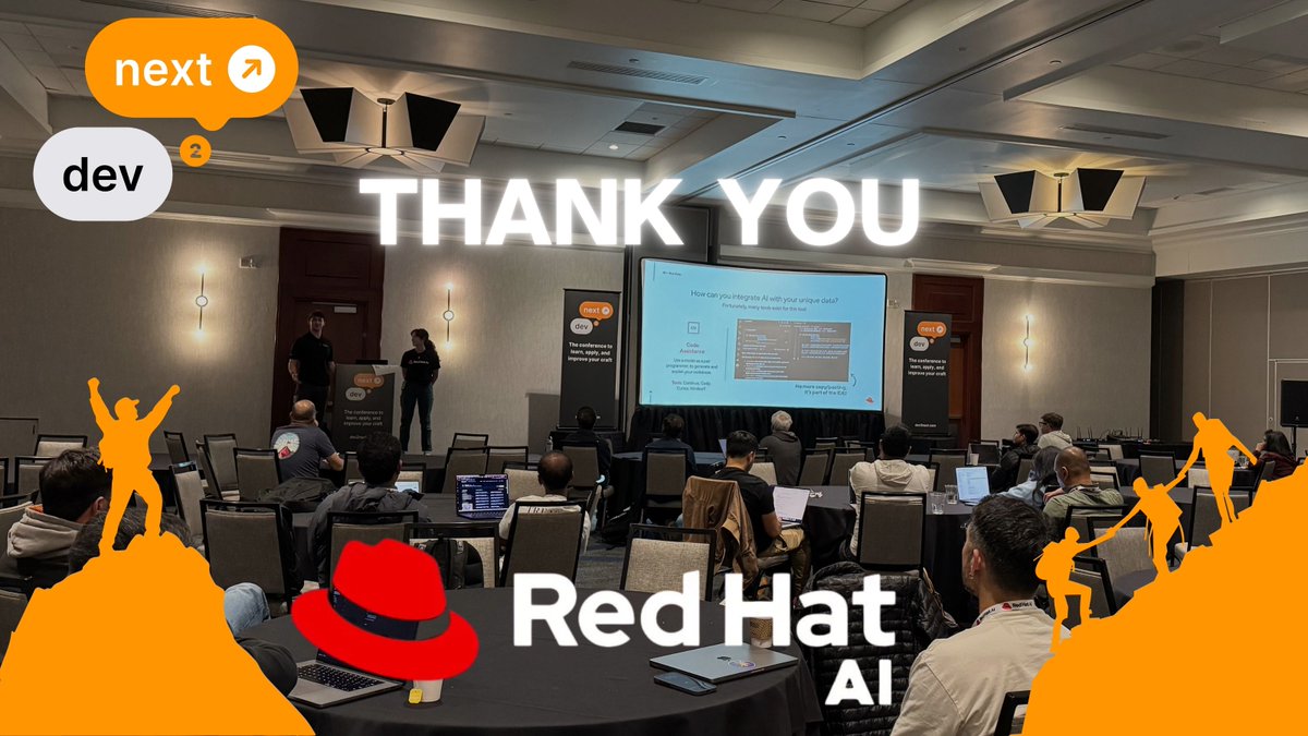 dev2next's tweet image. 💡 Innovation doesn’t happen alone.
Thank you to @RedHat_AI for supporting #dev2next and helping us explore what’s next in software + AI. 🚀
👀 Two more session slots left to attend of what's been an amazing conference full of learning and inspiration..don't miss them!