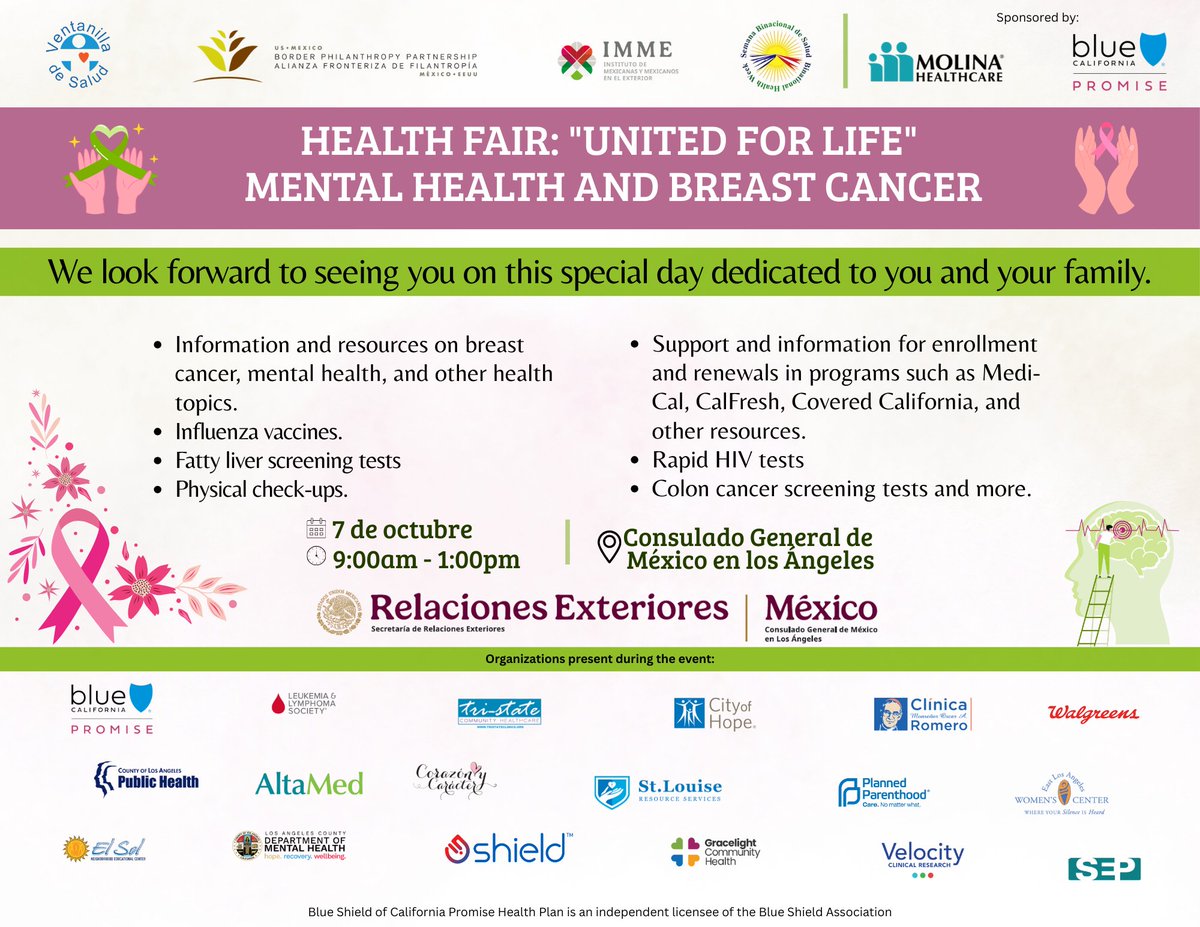 stlrsvcs's tweet image. 🌸💚 Feria de Salud: Unidos por la Vida 💚🌸

This Tue, Oct 7 (9am–1pm), StLRS will be at the Consulado de México en LA for a Health Fair on mental health &amp;amp; breast cancer prevention. 🩺✨

#StLRS #ServiceWithLove #HealthFair #SaludMental #CancerDeMama