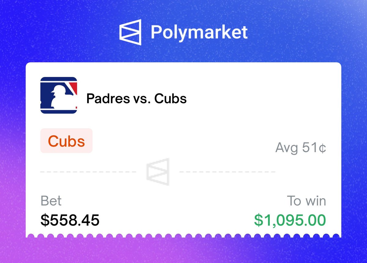 FridayNtrades's tweet photo. Smacked a nice line on @Polymarket for the @Cubs to win against the Padres

Got the Cubs or -104 (American)--51c against @Pinnacle price of -113

Got a nice 1.96% edge against sharpest sports-book for MLB