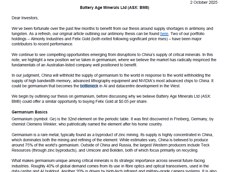 MrShare_expert's tweet image. #BM8 #AI #defense #telecom #cleanenergy

🌋#BREAKING 🌋

🚨"Fawkes Capital Managment" all over #BM8 for their #germanium🚨

#Germanium, the next bottleneck in AI and datacentre development in the West &amp;amp; becoming
increasingly central to the race for global #technological #AI
