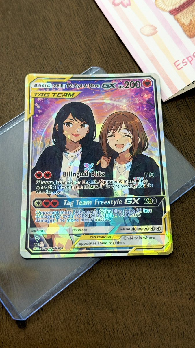 i've been collecting trading cards so naru made me a custom pokemon card for our 3rd year of becoming friends 😭ive never got anything like this before. i love chibitv

also i been studying jp everyday since i got back to america so this makes me feel proud of how far i've come💜