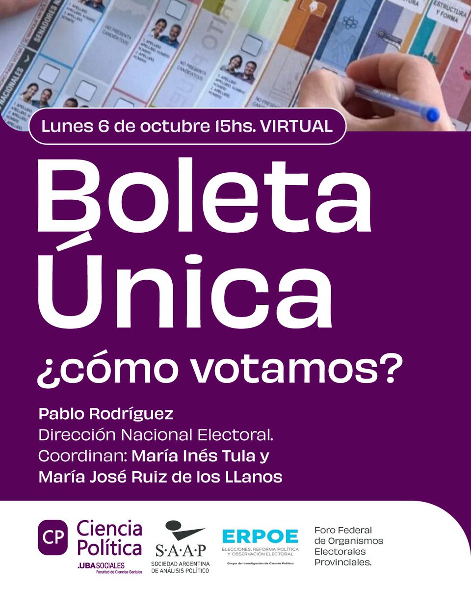 🗳️ BUP en elecciones nacionales 

🧐 ¿Sabés cómo se usa? ¿Qué cambia respecto a la boleta partidaria? ¿Qué pasa si te equivocás?

📆 Lunes 6 de octubre – 15 hs (virtual)
Webinario con Pablo Rodríguez (Dirección Nacional Electoral)

👉 ¡Inscribite en nuestra bio de Instagram!