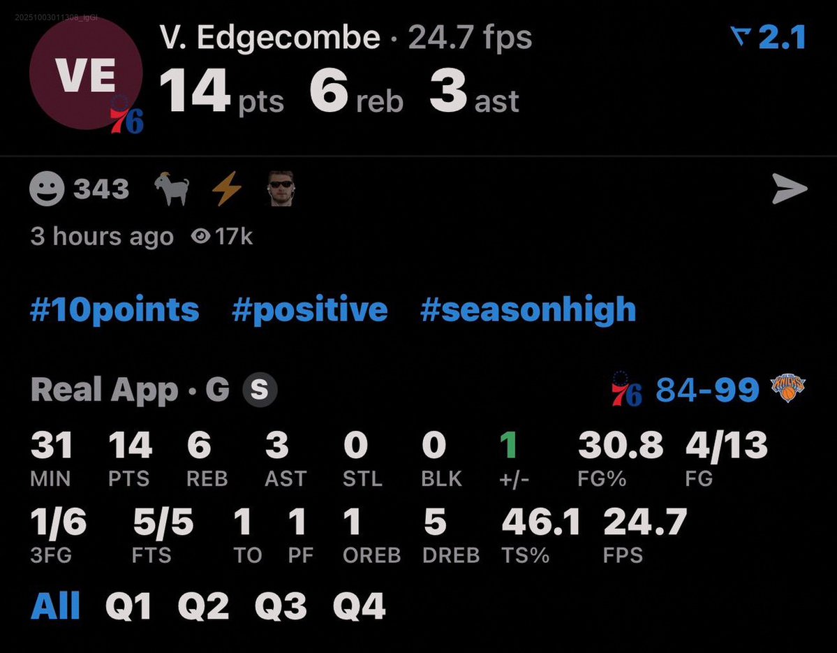 draftLab8's tweet image. VJ Edgecombe 1st Preseason Game