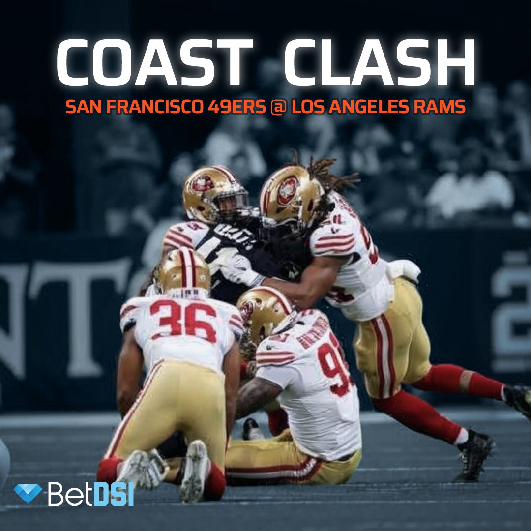 🏈 Thursday Night Football 🏈
 49ers @ Rams – 8:15 PM ET
SF leans on McCaffrey with Purdy sidelined…
Can Stafford &amp; the Rams cover –9 at home? 🤔

💰 Bet the spread, total (45.5) &amp; top props now at BetDSI.com
#NFL | #TNF | #49ers | #Rams | #BetDSI
