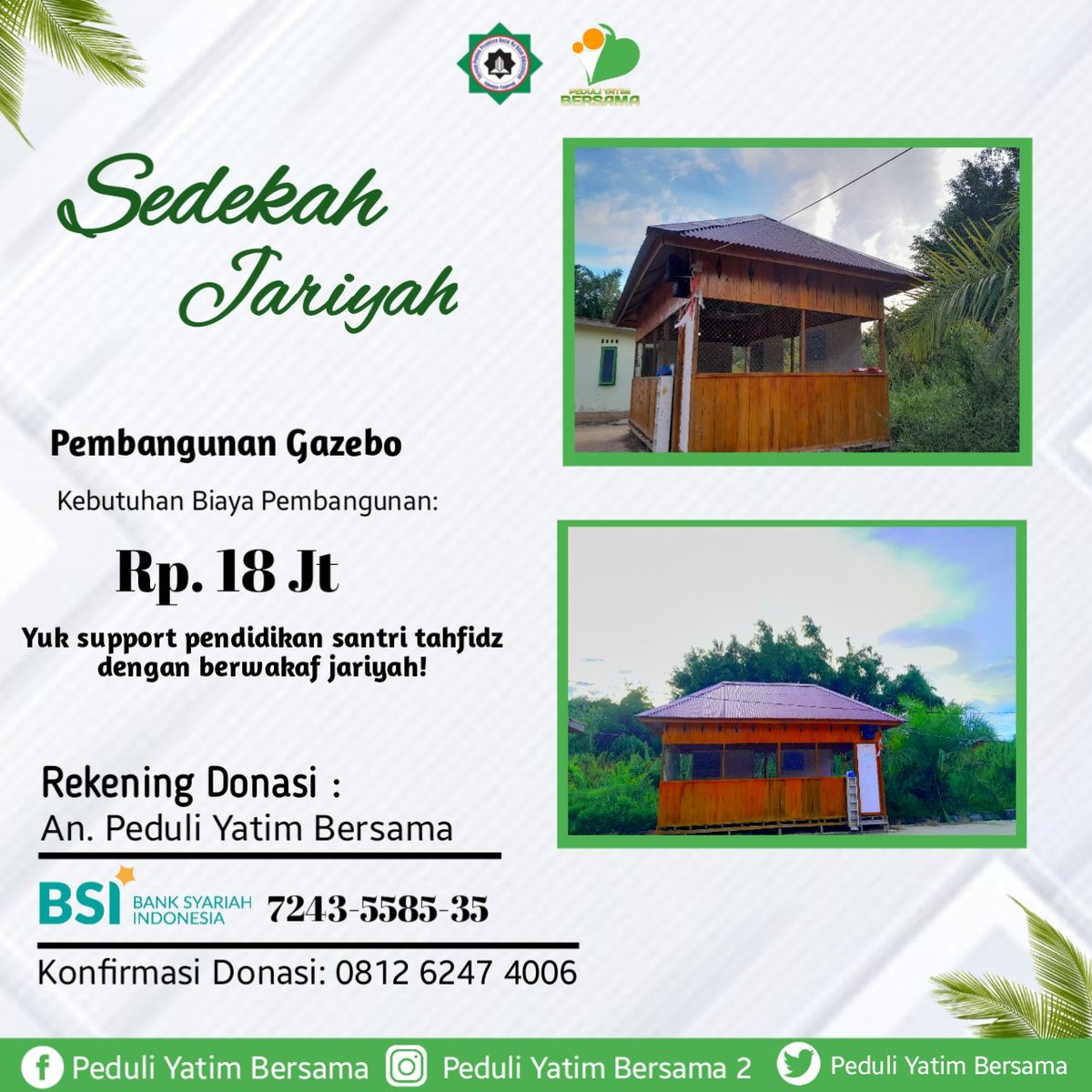 Yuk ikut berdonasi untuk membantu memenuhi kebutuhan biaya pembangunan gazebo yg akan digunakan sebagai ruang belajar

Sisihkan sedikit rezeki kita untuk tabungan amal jariyah😊👇
<a href="/PeduliYatimBrsm/">Peduli Yatim Bersama</a> 
#JumatBerkah