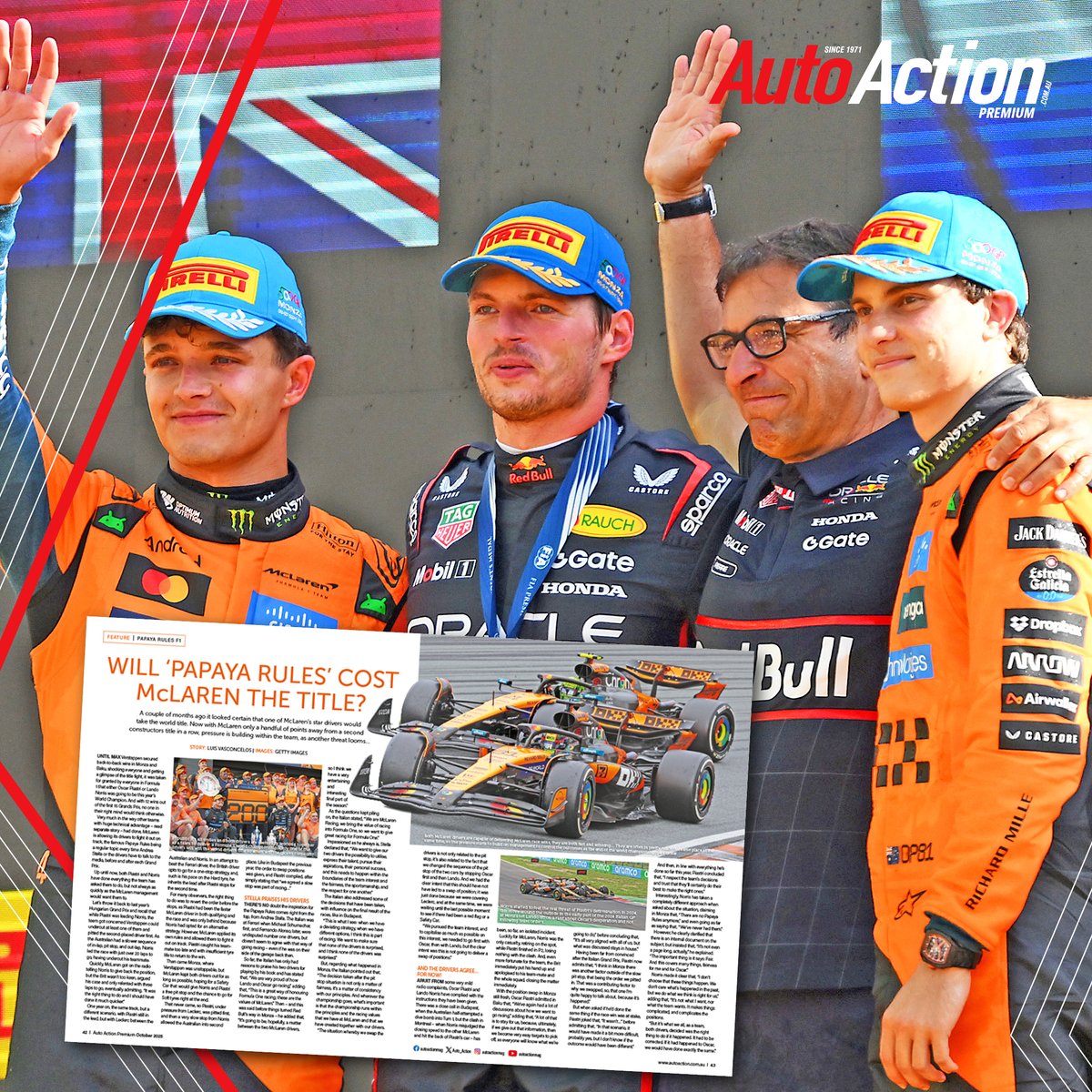 Auto_Action's tweet photo. #PapayaRules: How Will the Dice Roll? #McLaren looked nailed-on for a drivers’ crown; now the constructors’ chase is tightening and tension’s showing through the papaya paint. 
Read the full story inside the latest issue of #AutoAction Premium magazine! https://t.co/ISnGI0gncJ https://t.co/RqvRbJdxAN