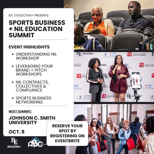 JCSUniversity's tweet image. 🚨 The HBCU Collective is hosting the Sports Business &amp;amp; NIL Summit at JCSU 🐂 on Oct. 8 | 10AM!

Workshops on NIL, branding, contracts + networking 💼✨

🎟️ Register now on Eventbrite!

#NIL #SportsBusiness #HBCUCollective #JCSU
