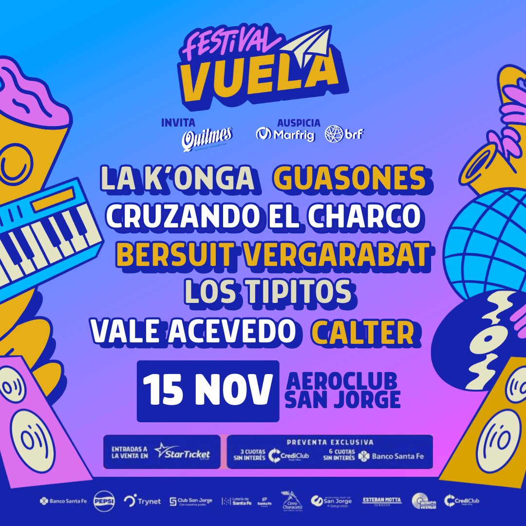 🚨 ¡Confirmado! #FestivalVuela 💥
🎶 Bersuit, Guasones, La K’onga, Vale Acevedo
📍 San Jorge | 15/11 | Aeroclub
🕒 +12 horas de música, DJ, comida y fiesta
🎟️ Entradas: starticket.com.ar
📲 Leé la nota  👉nuevaestrellamedios.com.ar/festival-vuela…
 🪩🍔🎸
<a href="/dosdosunoprensa/">Dosdosuno Prensa 🌸</a> @festivalvuela