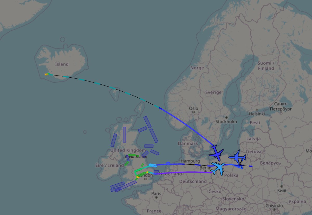 ArmchairAdml's tweet photo. #USAF United States Air Force / US Navy
Boeing P-8A Poseidon 1x
#AE67AB N/A - PAPA KILO 029
Boeing KC-135 Stratotanker 1x
#AE04FE 58-0100 - HOBO10
Earlier this evening a USAF KC-135 Stratotanker, flying as HOBO10, departed RAF Mildenhall for Poland. It appears to be meeting with a US Navy Poseidon, flying with a tactical hex code #AE67AB.
This resembles previous flights in the area. The Poseidon has flown from Iceland, refuels with a tanker out of Mildenhall and continues with it's mission.
Also in the area is an RAF Voyager, flying now as KAYAK10, and two Typhoon FGR.4's.
NATO combat patrols and ISR activity over Poland and around Kaliningrad has been heavier recently. Yesterday, 1 October, a USAF RC-135 Combat Sent flew an early morning mission around Kaliningrad.
NOTE: KAYAK10 is NOT flying into Russian airspace here, this is due to there not being enough receivers in the area to get an accurate position.
H/t: @Andyyyyrrrr (for P8 C/S)