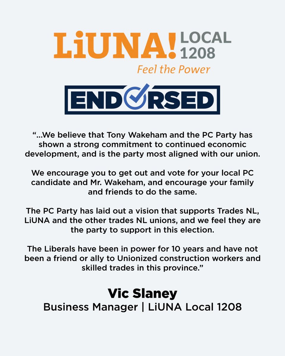PCPartyNL's tweet image. Thank you Labourers' International Union of North America Local 1208 for your support.