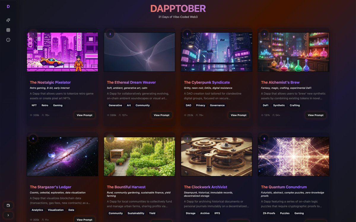 Dapptober's tweet photo. ππΎ Dapptober is LIVE!
31 days. 31 vibes. 31 chances to build something amazing!
Every day a fresh Web3 app prompt drops.
You bring the code + creativity.
We vibe together. πβ¨
π Join the challenge: https://t.co/W43QUhHolf
#Dapptober #Web3 #BuildInPublic #GTFOL #Devtober https://t.co/kgtVIBnbGn