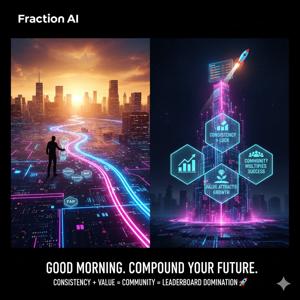 Good Morning Fraction AI Fam! 🌞

A new day, a new chance to level up. Every FAP, every prediction, every post you make today is a step closer to your goals. 🚀

💡 Keep this in mind today:

Consistency beats short-term luck.

Value attracts growth.

Community multiplies success.