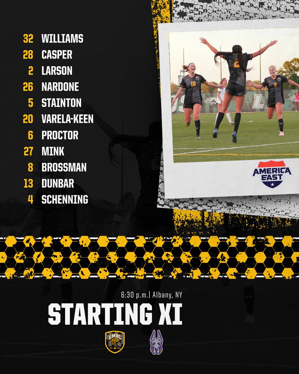 UMBC_WSoccer's tweet photo. Here's our starting XI for tonight's @AmericaEast contest against UAlbany. #RetrieverNation 📺: https://t.co/IKUtlZKyiJ 📈: https://t.co/DOKVJ7MiQV https://t.co/r6IBQ6IZqE