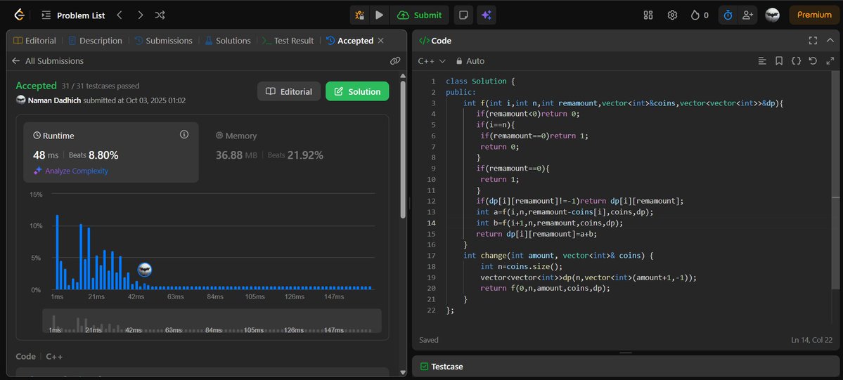 roger5364's tweet image. 📅 2 October 2025
🧩 Solved:

• Coin Change 2 (DP – count of combinations, O(n·target))
• Unbounded Knapsack (DP – O(n·W))
#DSA #DP #LeetCode #ProblemSolving #CodingJourney