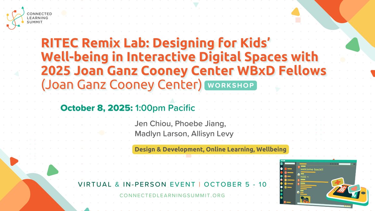 TheCLAlliance's tweet image. Highly interactive and hands-on, @CooneyCenter&apos;s #ConnectedLearning2025 workshop gives participants the ability to dive into RITEC design principles through a series of creative challenges inspired by their fellowship experiences!

✨Oct 8 from 1-3pm PT: connectedlearning.news/CLS2025-Regist…