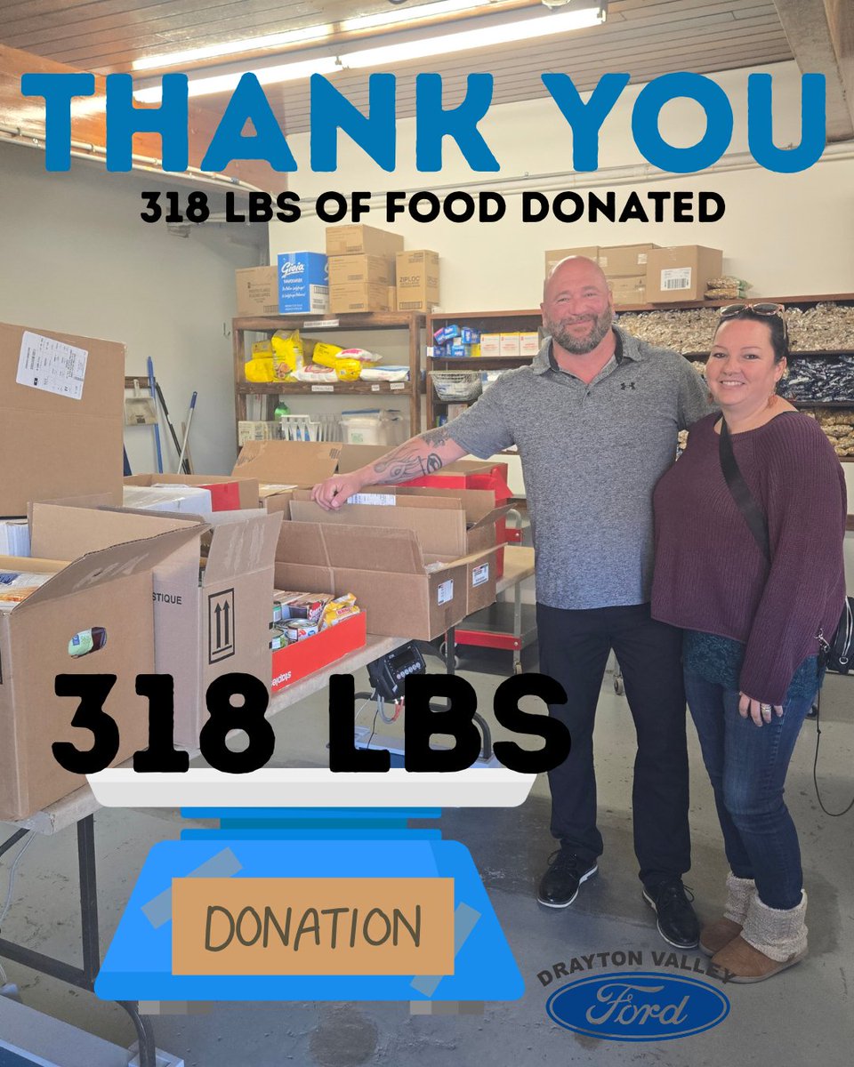 🥫💙 318 Pounds of Food Donated! 💙🥫
We’re so proud to share that, thanks to our amazing team and community, we donated 318 pounds of food to the Drayton Valley Food Bank.
Your generosity makes a huge difference for families in need. ❤️

#DVFCommunity #FoodDrive #ThankYou
