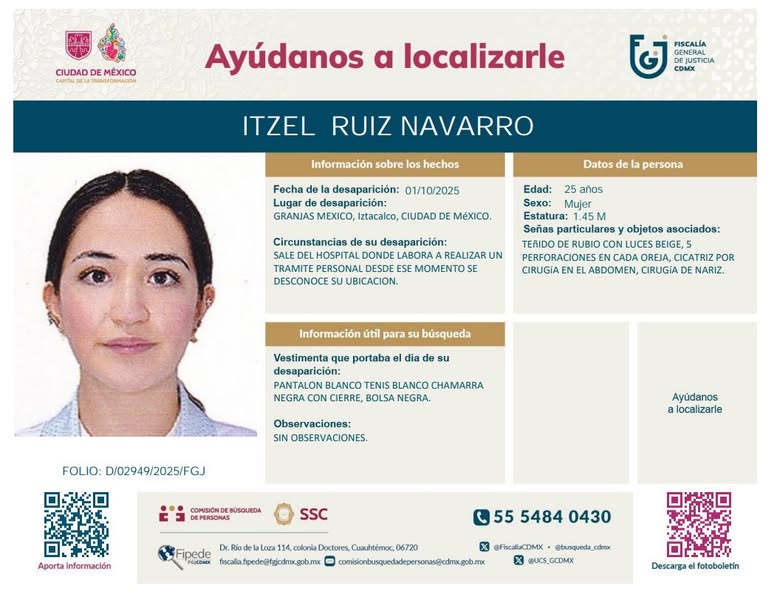 adnnoticiasmx's tweet image. ❗ Se solicita apoyo para localizar a Itzel Ruiz Navarro, desaparecida desde el 1 de octubre en Granjas México, Iztacalco 🚨

📞Cualquier dato puede ser clave: llama a 55 6357 8079 o 55 6357 9282