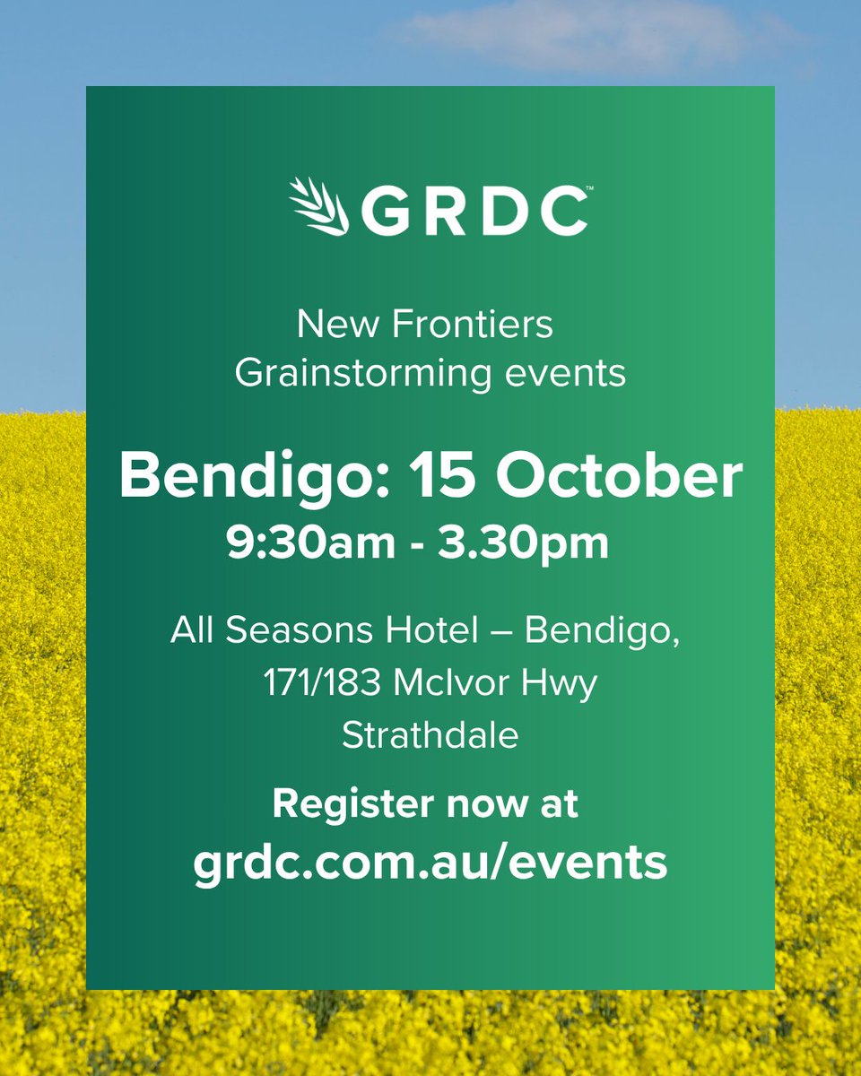 Ready to influence the future of grains RD&amp;E in Australia?

 New Frontiers Grainstorming – Bendigo
 📅 15 October
📍 All Seasons Hotel, 171/183 McIvor Hwy, Strathdale
🕘 9:30am – 3:30pm

🔗 Register: bit.ly/4nYcM0n

#GRDCEvents #NewFrontiers #Grainstorming