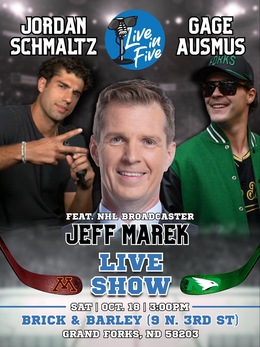 Live in Five (@liveinfivepod) on Twitter photo 🚨BREAKING NEWS🚨
LIVE SHOW ANNOUNCEMENT. Saturday October 18th 3pm, before the Nodak vs Gophers game with THE <a href="/JeffMarek/">Jeff Marek</a> + special guests!! Show is free to the public. Come hang out with Auzzo, Swish, Jeff and all Nodak / Gopher fans. 
Location📍Bricky  & Barley 
Time: 3:00pm 🚨BREAKING NEWS🚨
LIVE SHOW ANNOUNCEMENT. Saturday October 18th 3pm, before the Nodak vs Gophers game with THE <a href="/JeffMarek/">Jeff Marek</a> + special guests!! Show is free to the public. Come hang out with Auzzo, Swish, Jeff and all Nodak / Gopher fans. 
Location📍Bricky  & Barley 
Time: 3:00pm