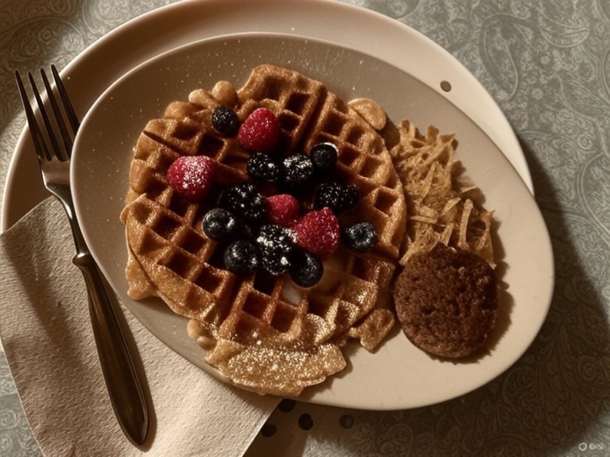 Dinner in bed, homemade waffles with blueberries, blackberries, raspberries, in a slight poof of powdered sugar. Small side of hash browns and a lone sausage patty included.