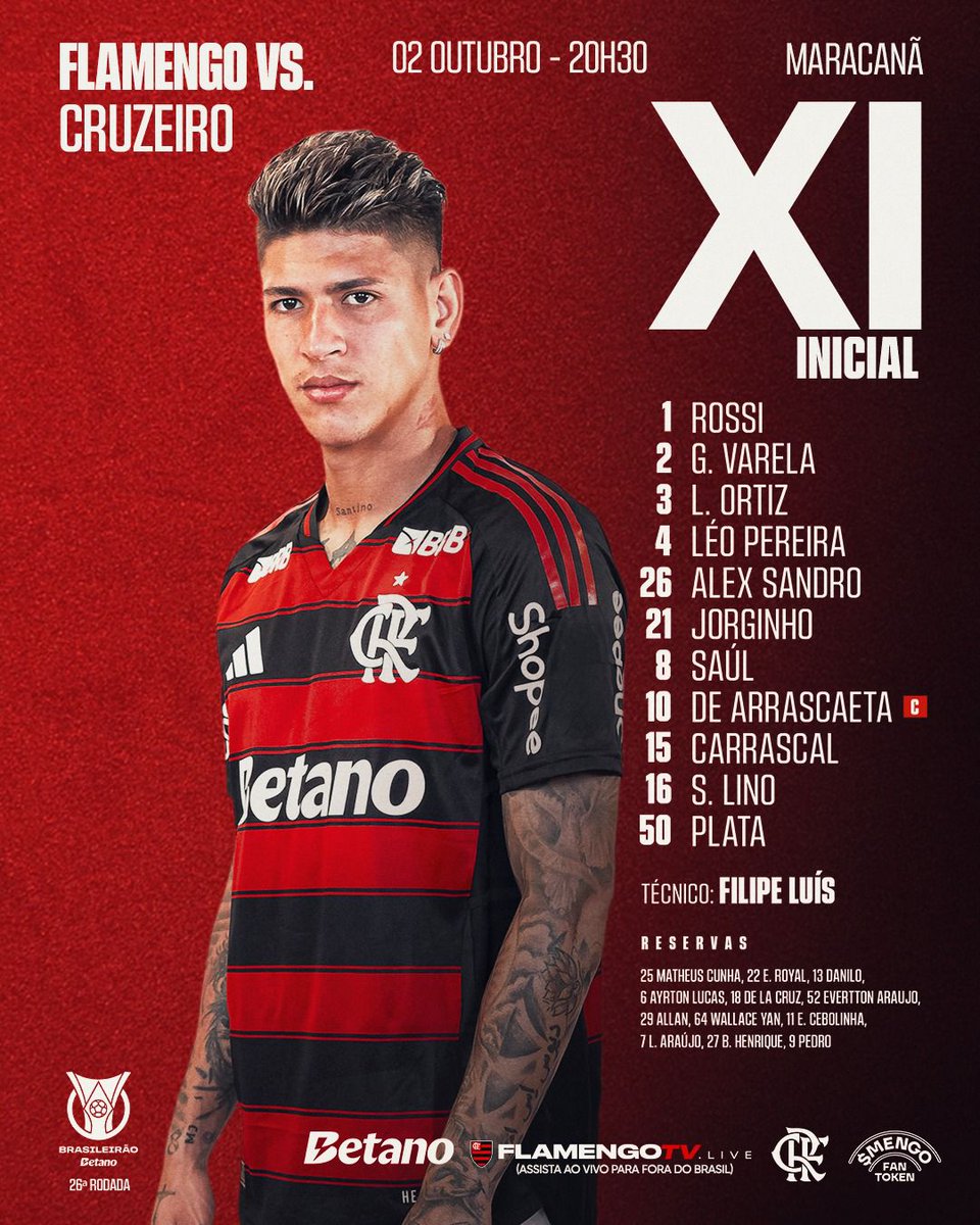 Flamengo escalado para pegar o Cruzeiro. Carrascal mantido no time. Novidade é Plata no ataque, no lugar de Bruno Henrique. Havia expectativa pela volta de Pedro.