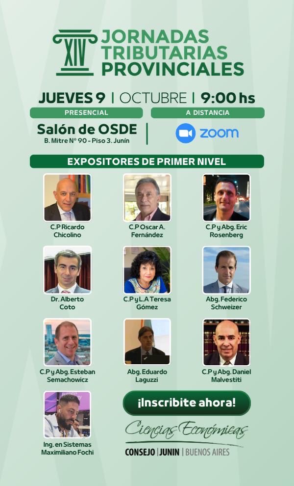 #JUNIN. Jornadas Tributarias del Consejo Profesional de PBA <a href="/cpcebuenosaires/">Consejo y Caja | Buenos Aires</a>. 
Te esperamos el 9/10, recorda que al dia siguiente es feriado.